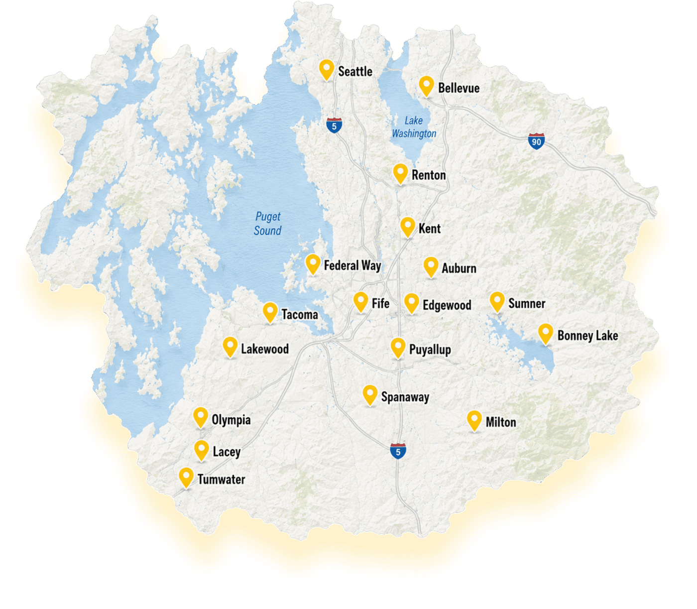 Puget Sound region service area map for Adams Asphalt & Construction
