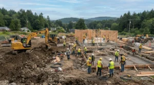 A construction team and heavy machinery framing a residential structure, demonstrating the active job site of a professional contractor for home building.