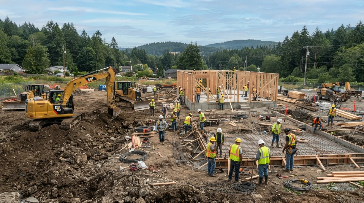 A construction team and heavy machinery framing a residential structure, demonstrating the active job site of a professional contractor for home building.