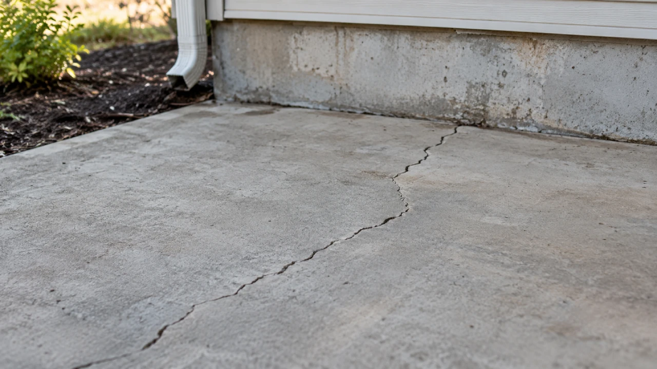 A long, jagged crack in a concrete slab foundation running along a patio surface near a house wall and downspout.