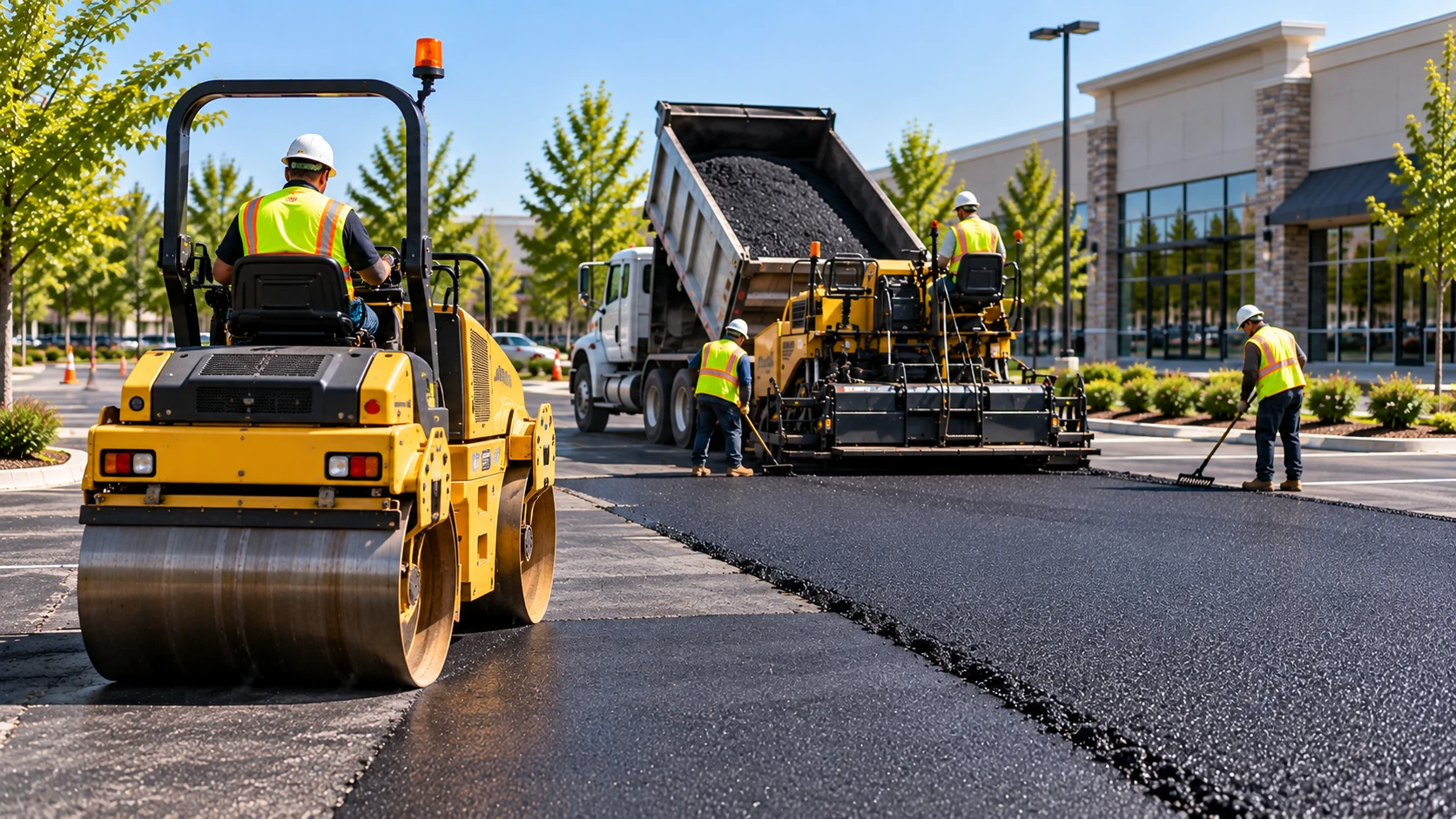 Asphalt construction crew preparing a commercial site before pavement installation