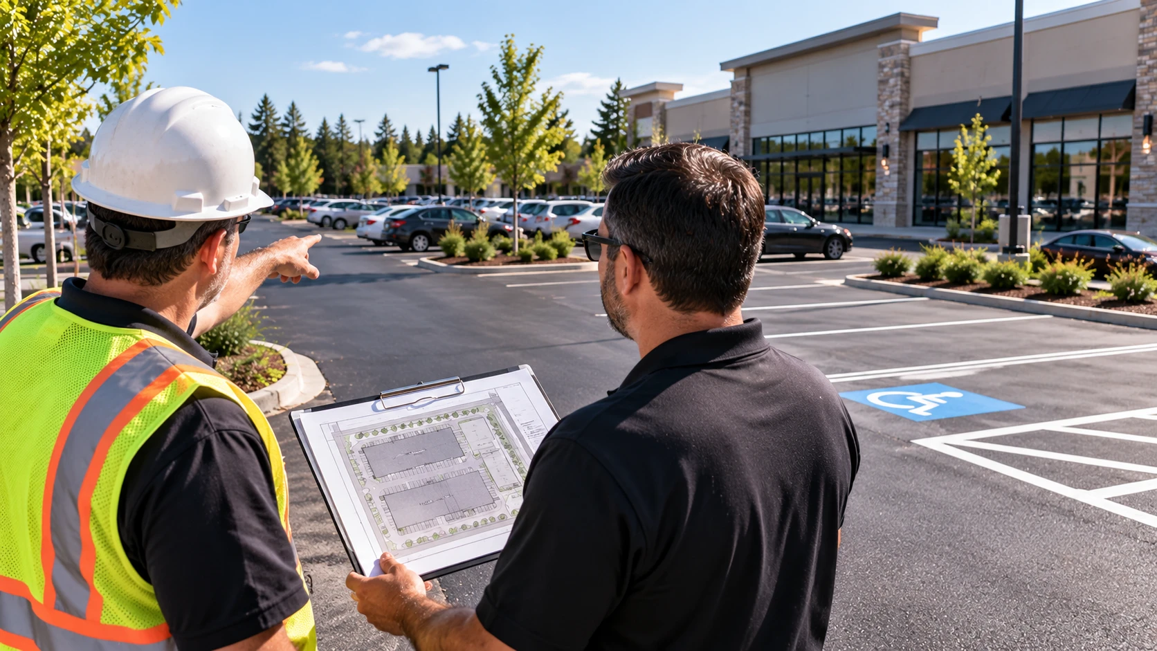 Construction professionals reviewing a commercial parking lot layout and site conditions