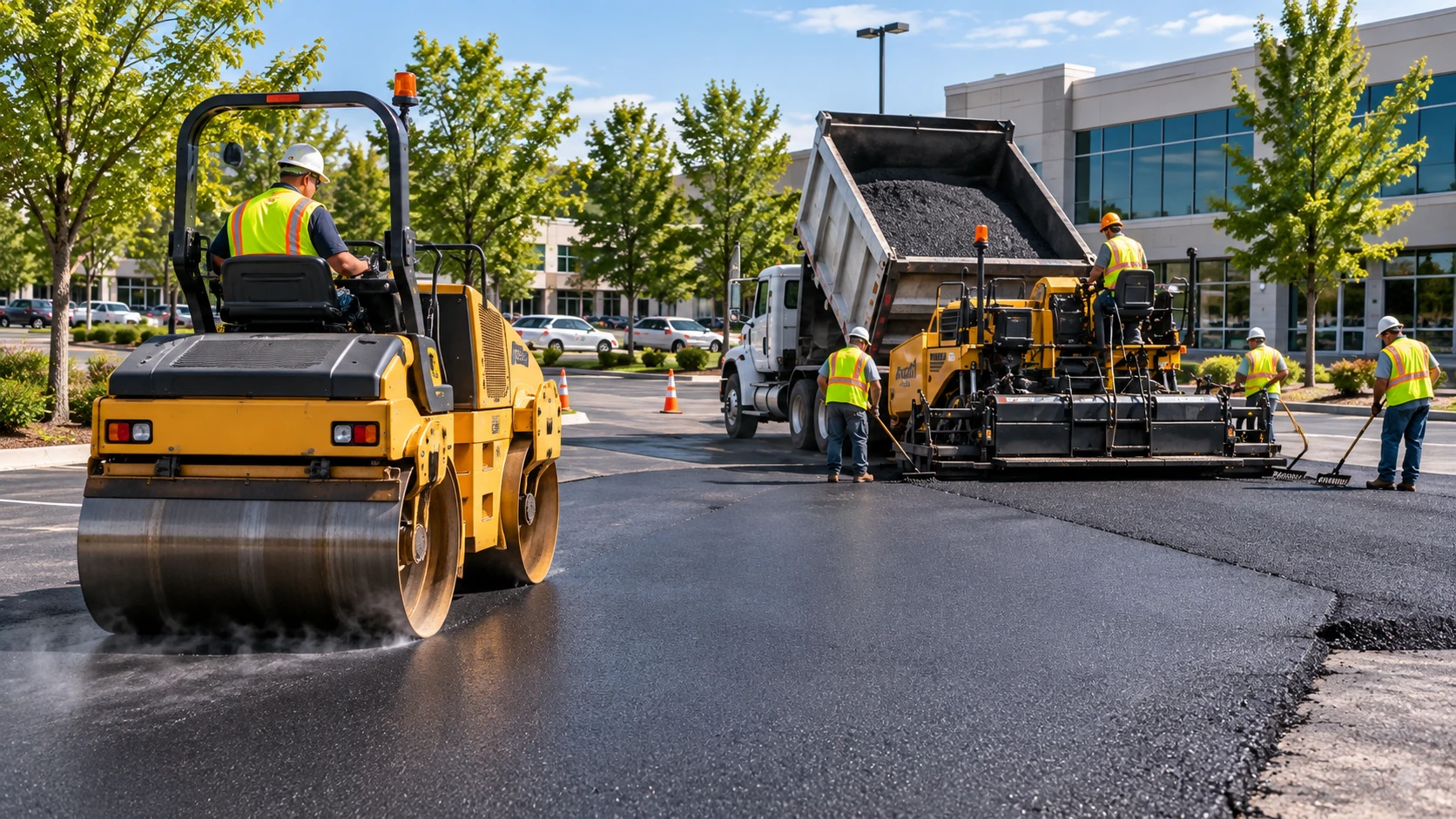 Commercial parking lot paving project with construction areas planned around active business access