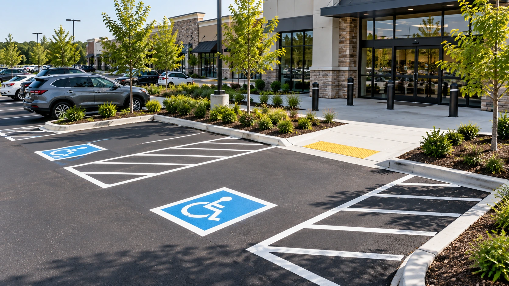 Accessible parking spaces with striped access aisles and curb ramp near a commercial building entrance