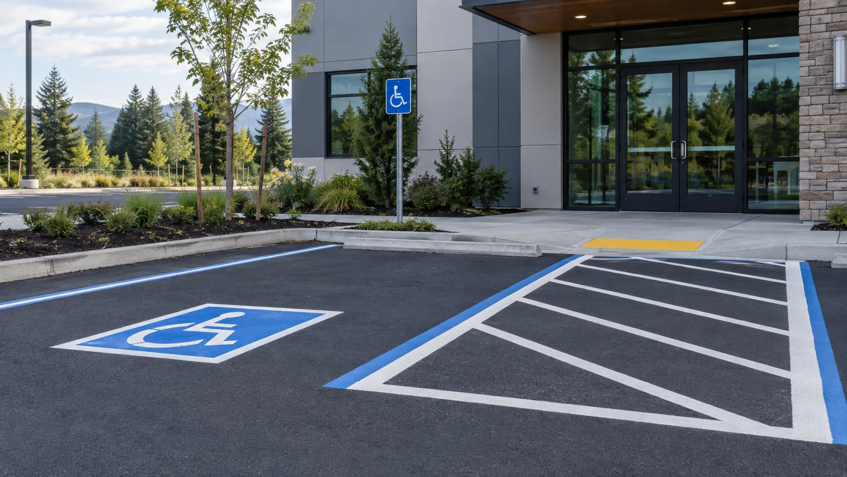 Accessible parking space with blue pavement markings, access aisle, curb ramp, and route to a commercial building entrance