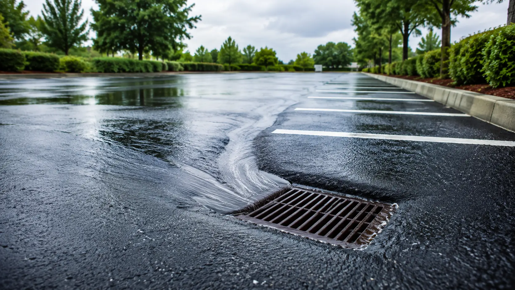 Rainwater flowing across graded asphalt toward a storm drain