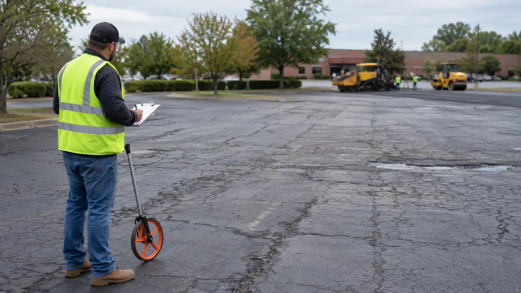 Contractor measuring a cracked asphalt surface for a paving estimate