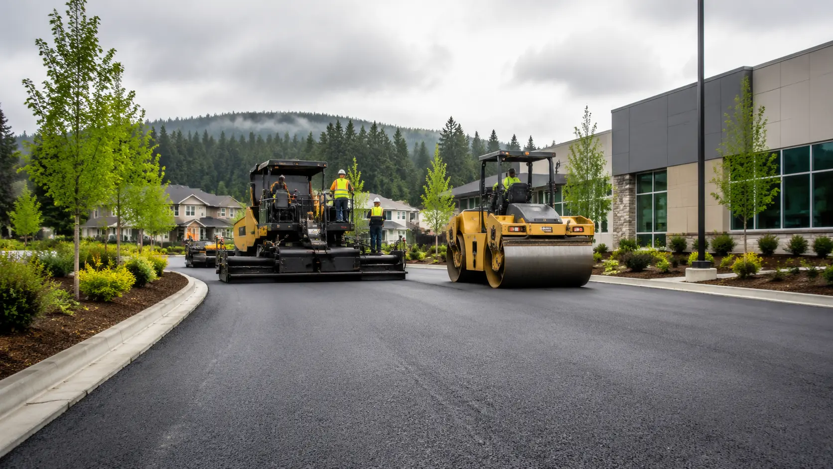 Asphalt paver and road roller installing a new asphalt surface