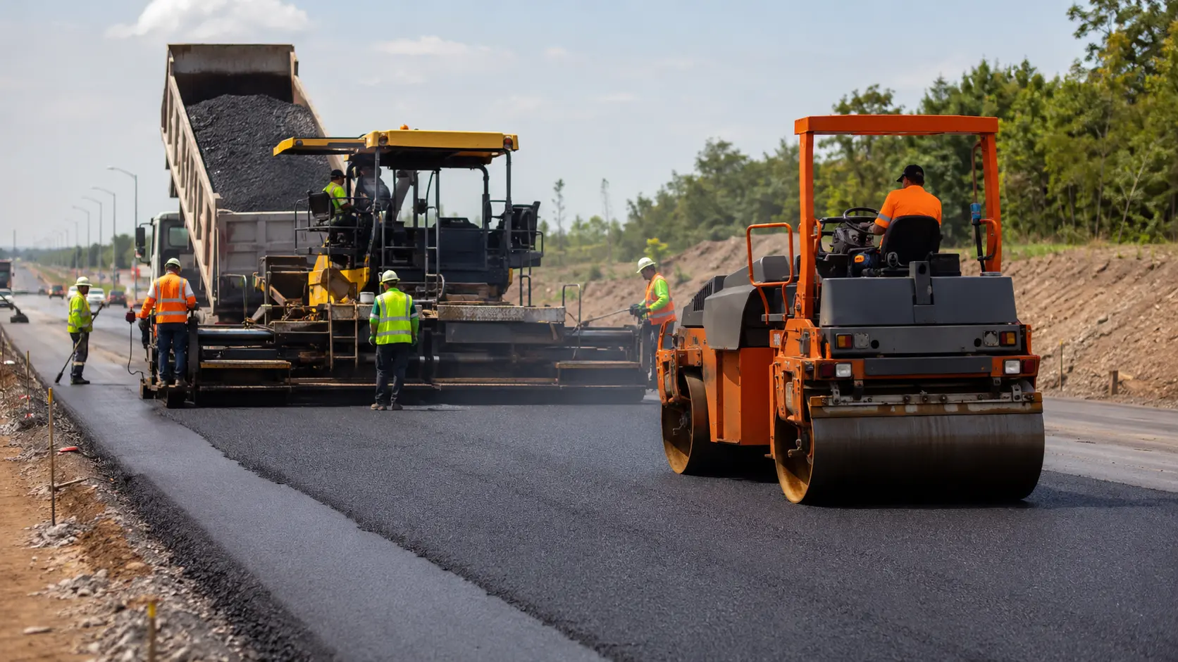 Paving crew installing and compacting asphalt on a roadway