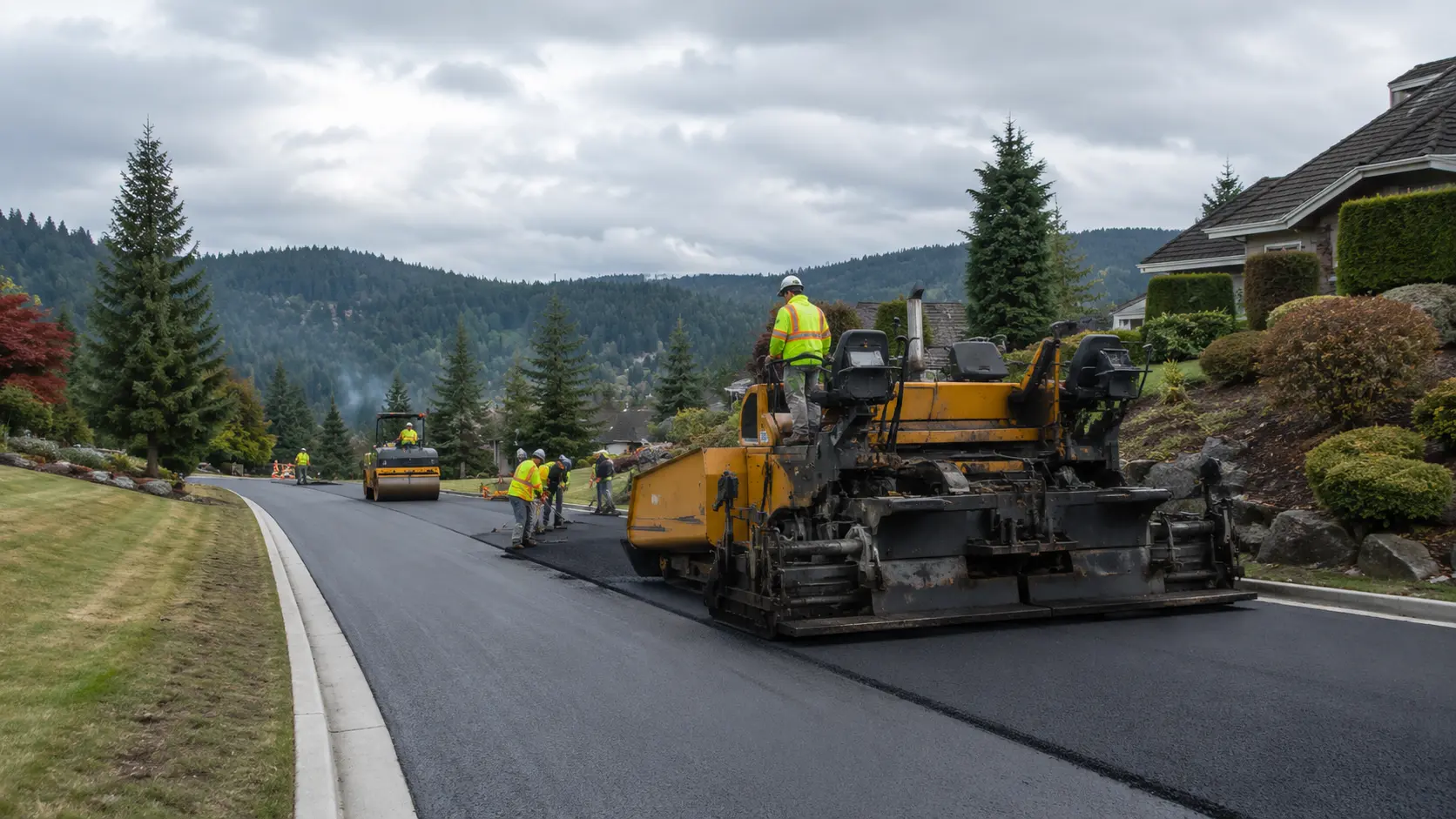 Asphalt paving crew working on a Pacific Northwest roadway