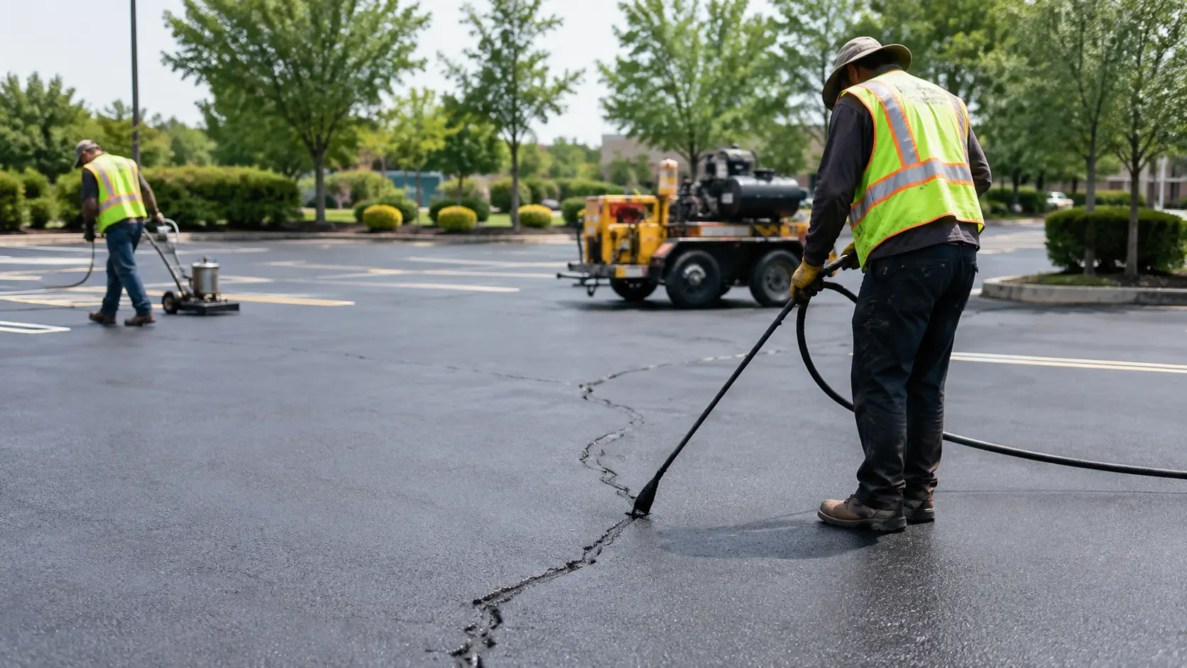 Worker repairing cracks in an asphalt parking lot