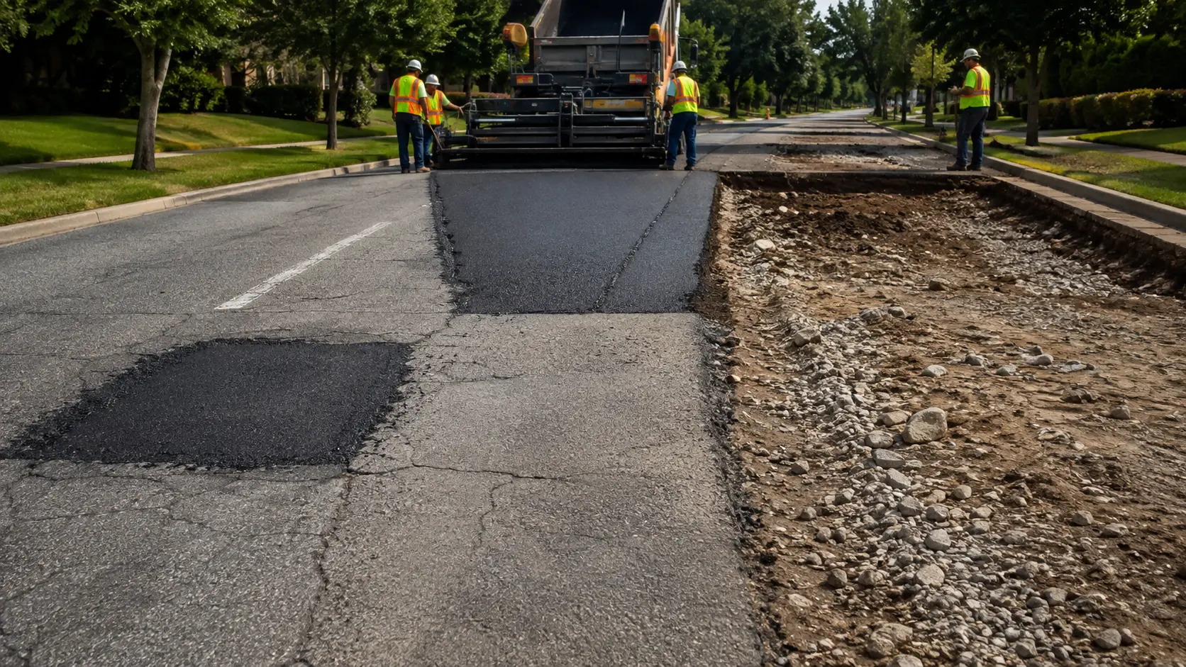 Asphalt repair, resurfacing, and replacement work on a roadway
