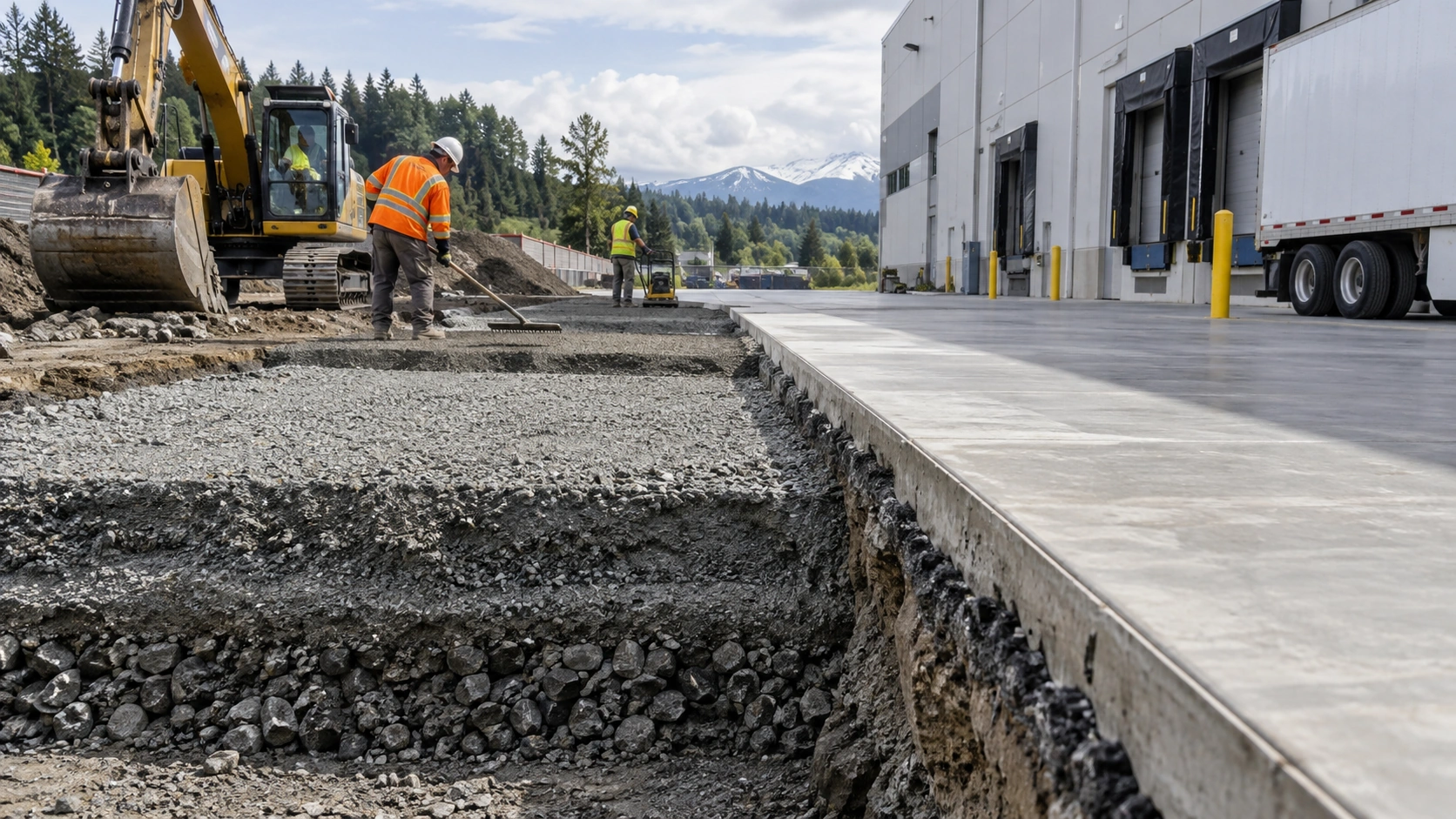 Excavated loading dock area showing gravel base preparation beside a concrete dock slab