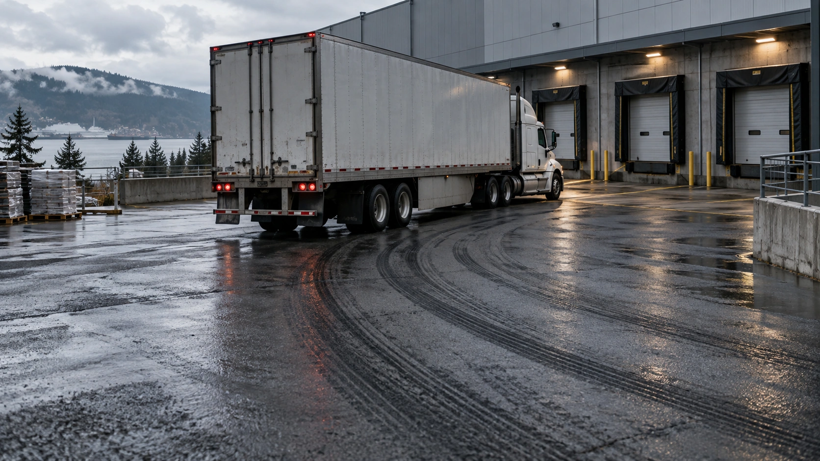 Semi-truck turning across a wet loading yard with visible tire marks on asphalt