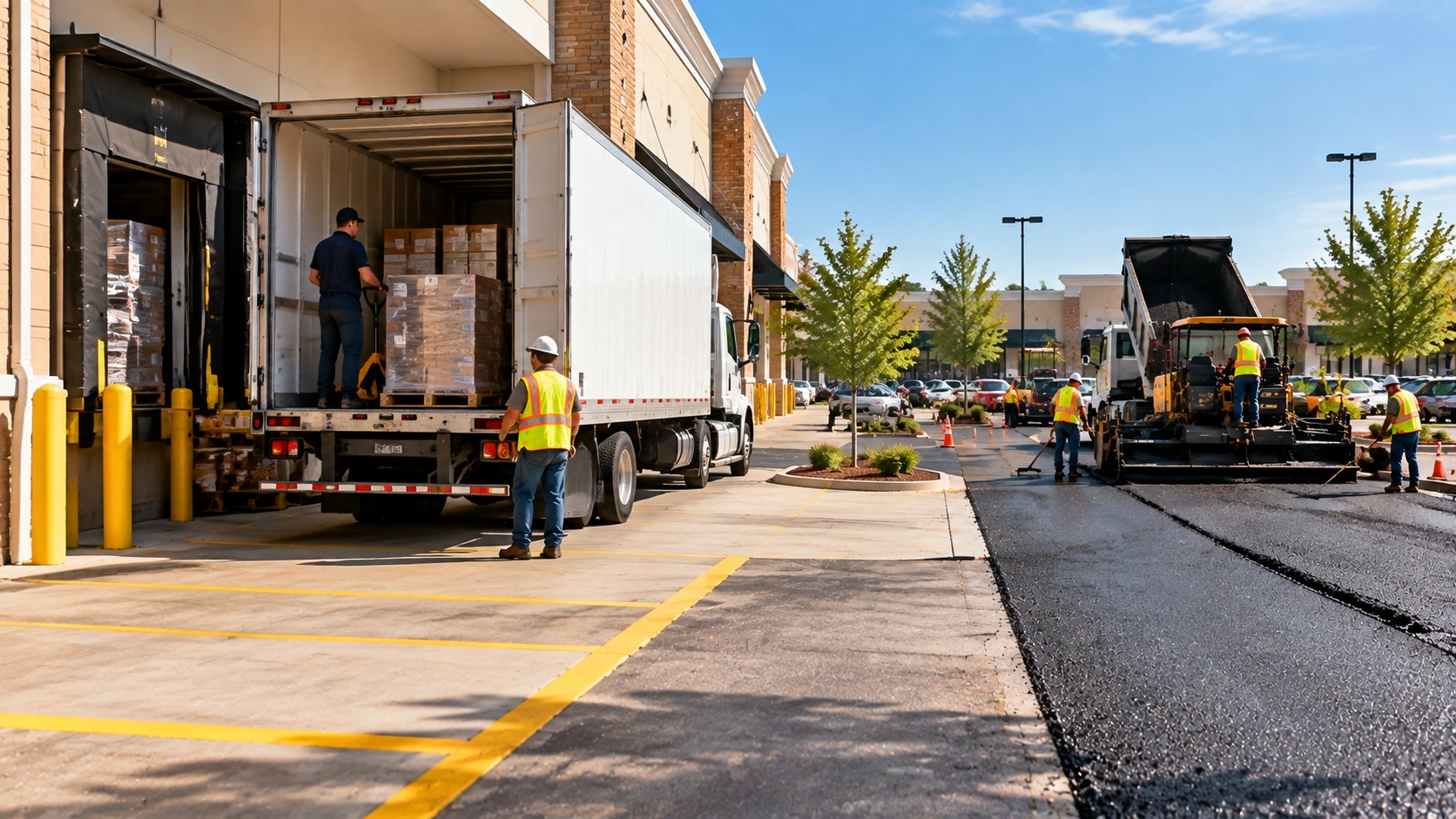 Delivery truck and asphalt paving crew working near a commercial loading area