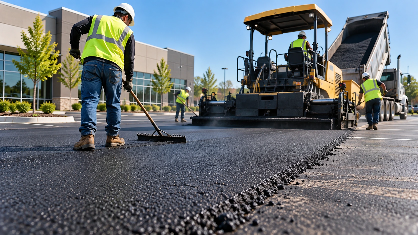Inspector examining extensive cracks and deterioration in commercial asphalt pavement