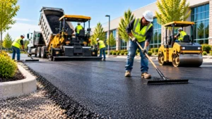 Commercial paving crew installing fresh asphalt in a parking lot with paving equipment and road roller