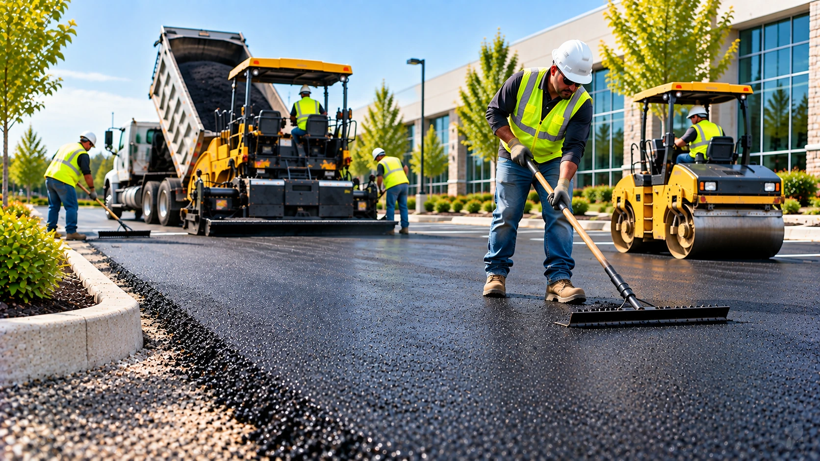 Commercial paving crew installing fresh asphalt in a parking lot with paving equipment and road roller