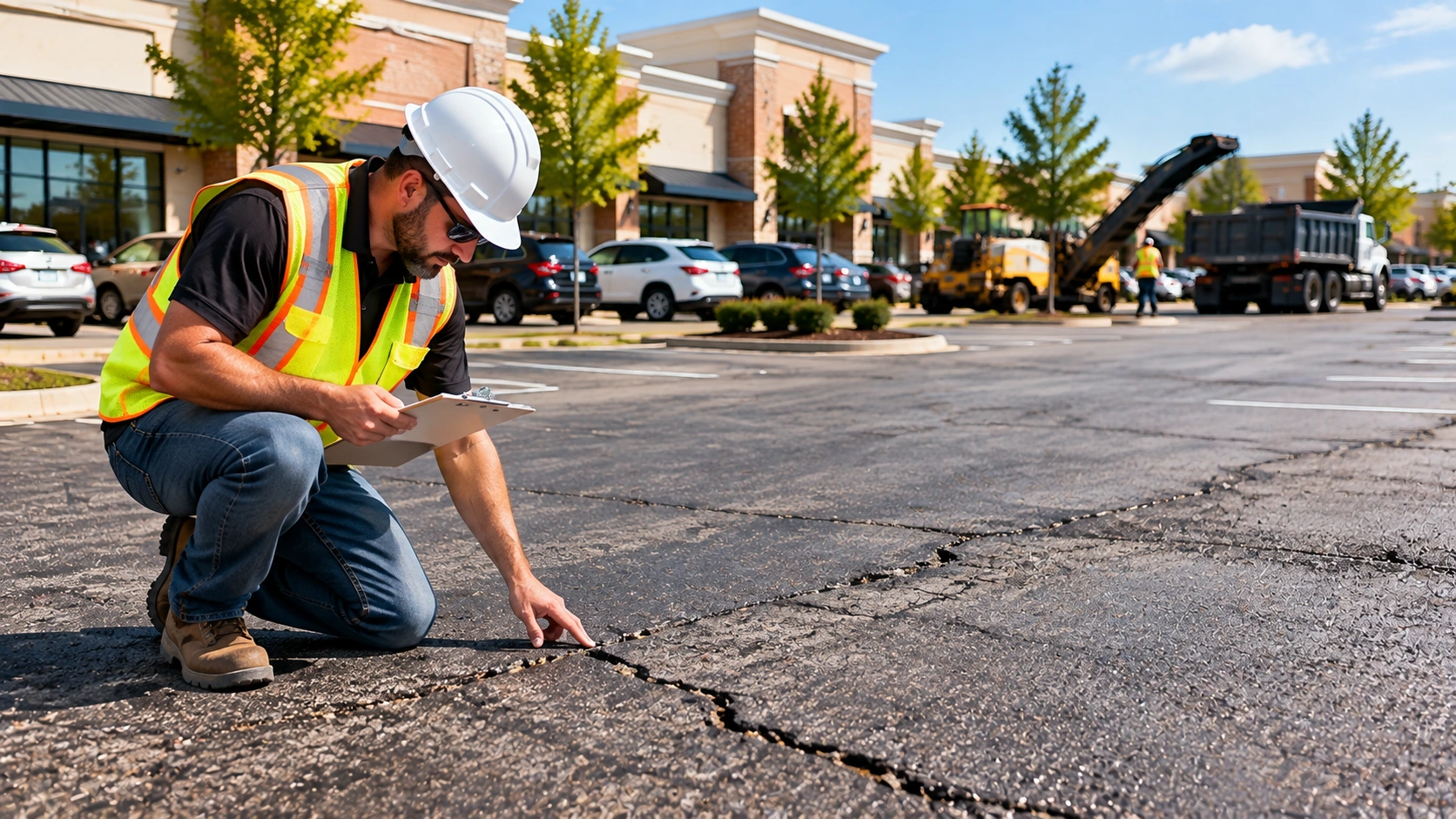 Contractor inspecting asphalt pavement damage in a commercial parking lot