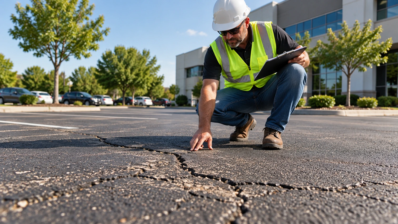 Construction inspector evaluating cracked asphalt pavement at a commercial parking lot