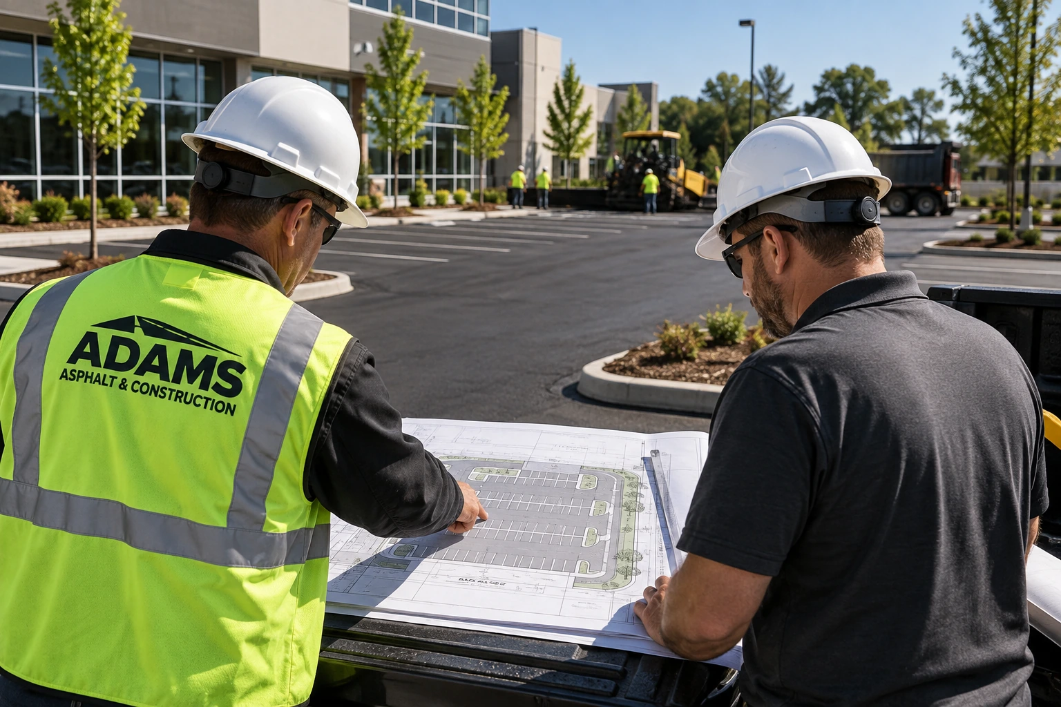 Construction professionals reviewing parking lot plans at an active commercial paving site
