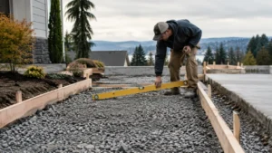 A contractor checking the levelness of a compacted gravel layer between wooden formwork as part of proper concrete base preparation for an outdoor path.