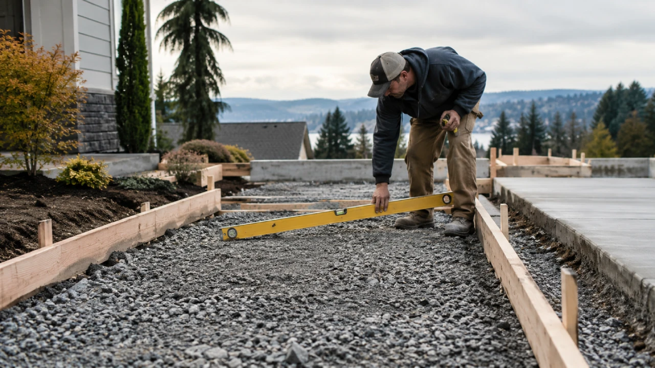 A contractor checking the levelness of a compacted gravel layer between wooden formwork as part of proper concrete base preparation for an outdoor path.