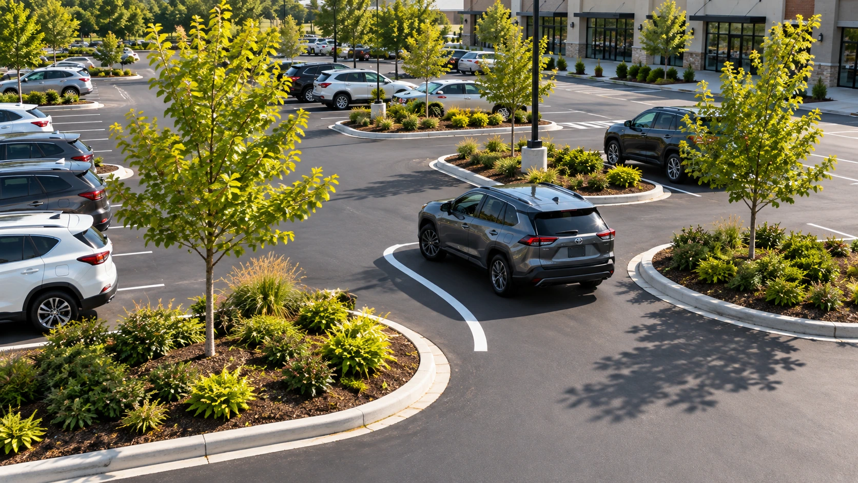 SUV turning around landscaped parking lot islands and concrete curbs
