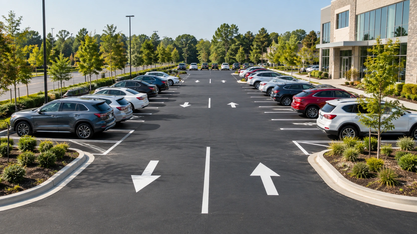 Finished commercial parking lot with organized vehicle lanes and traffic flow markings