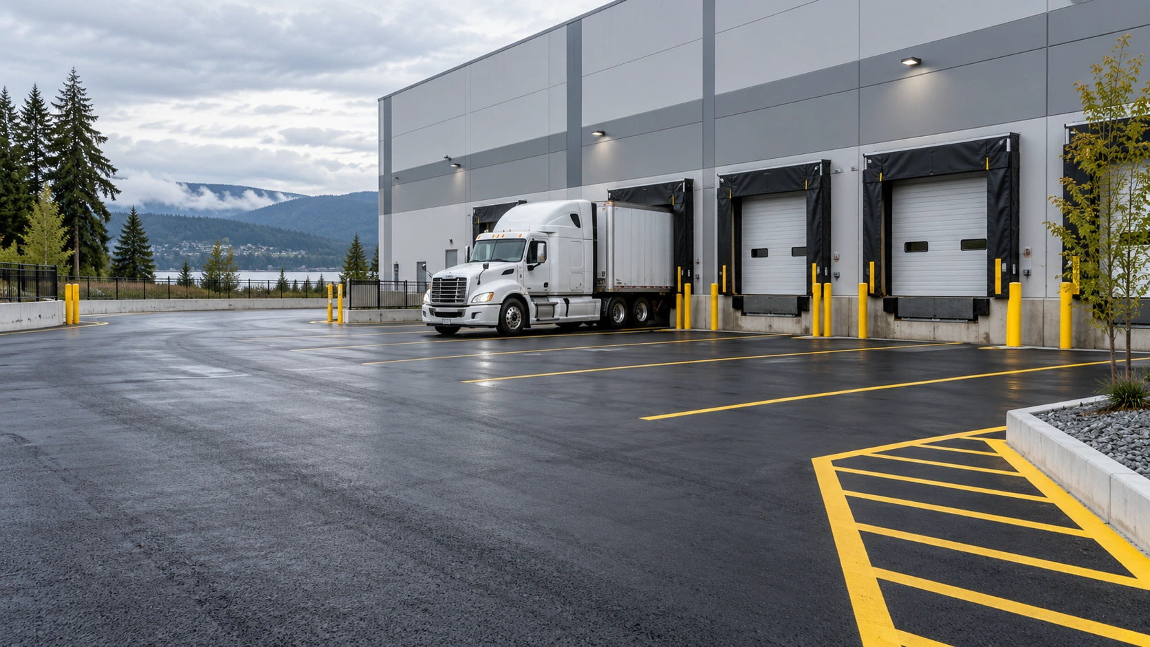 Semi-truck parked at warehouse loading docks beside a freshly paved asphalt loading zone