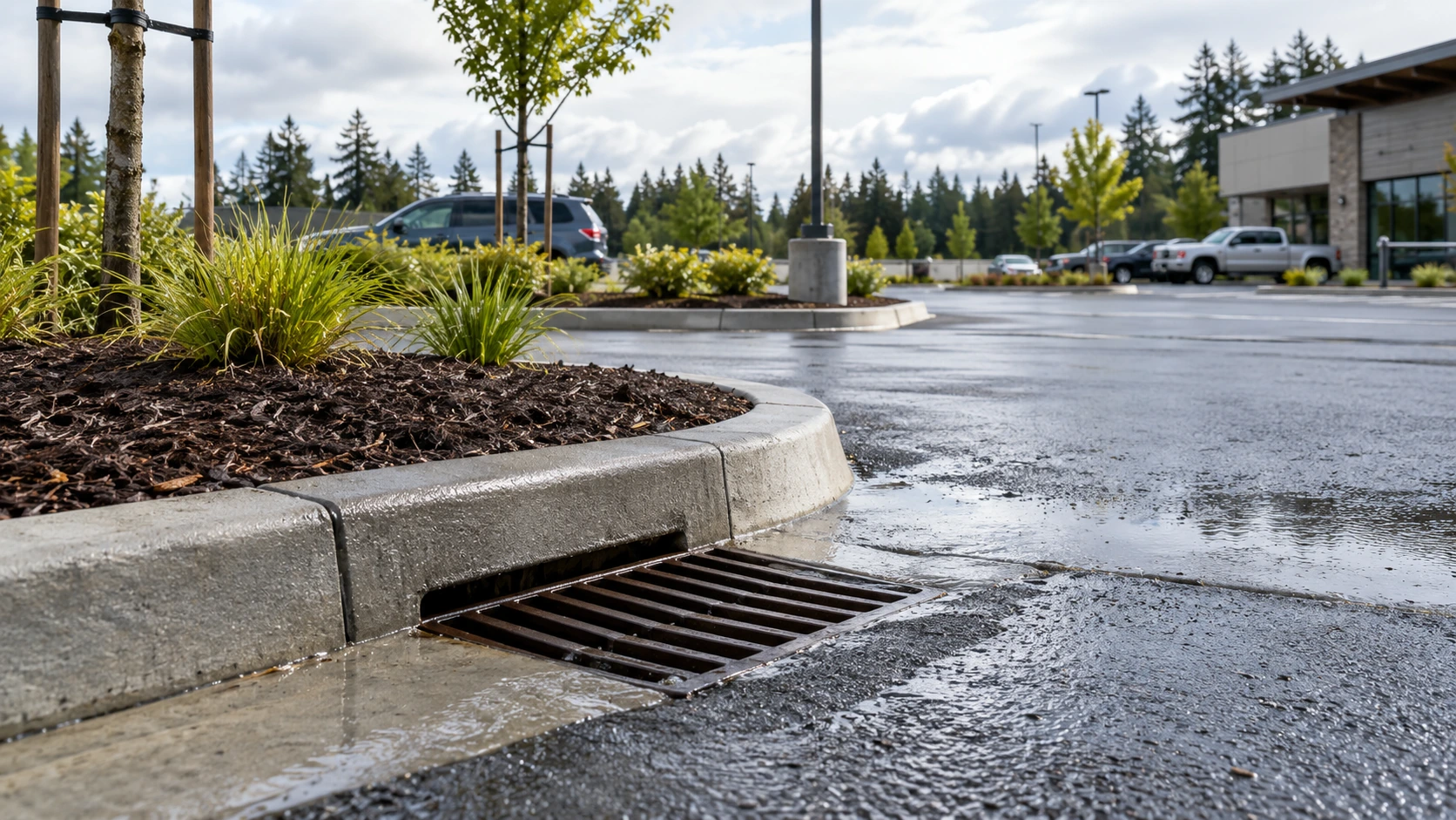 Commercial parking lot drainage system with catch basin collecting surface water