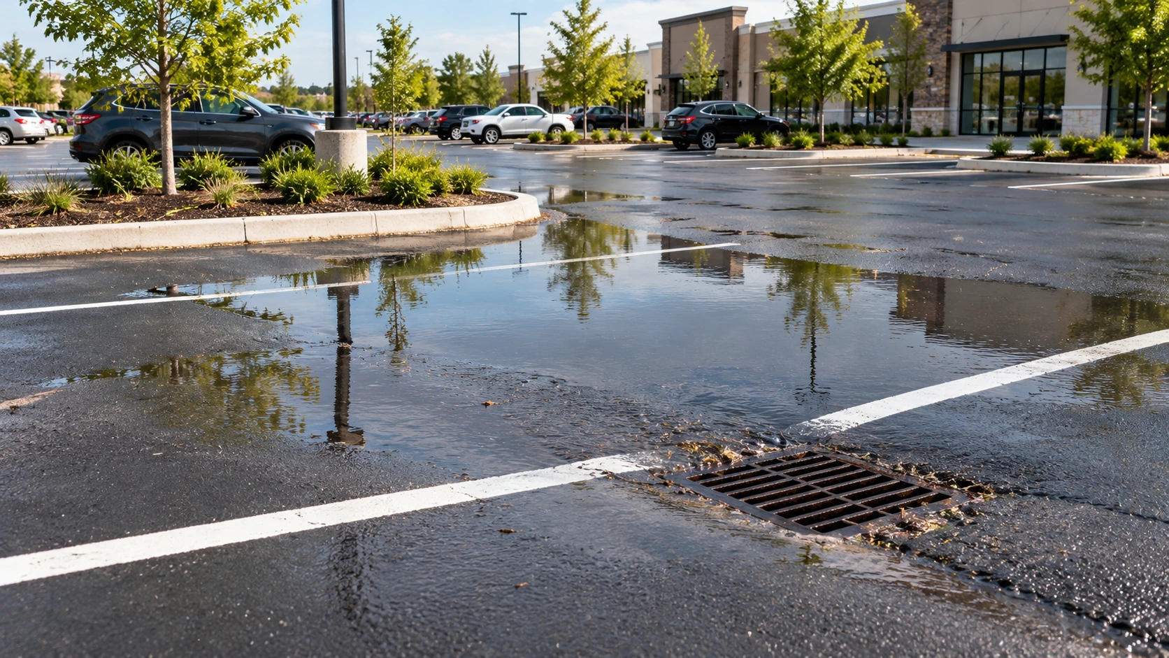 Standing water around a storm drain and parking lot striping at a commercial property