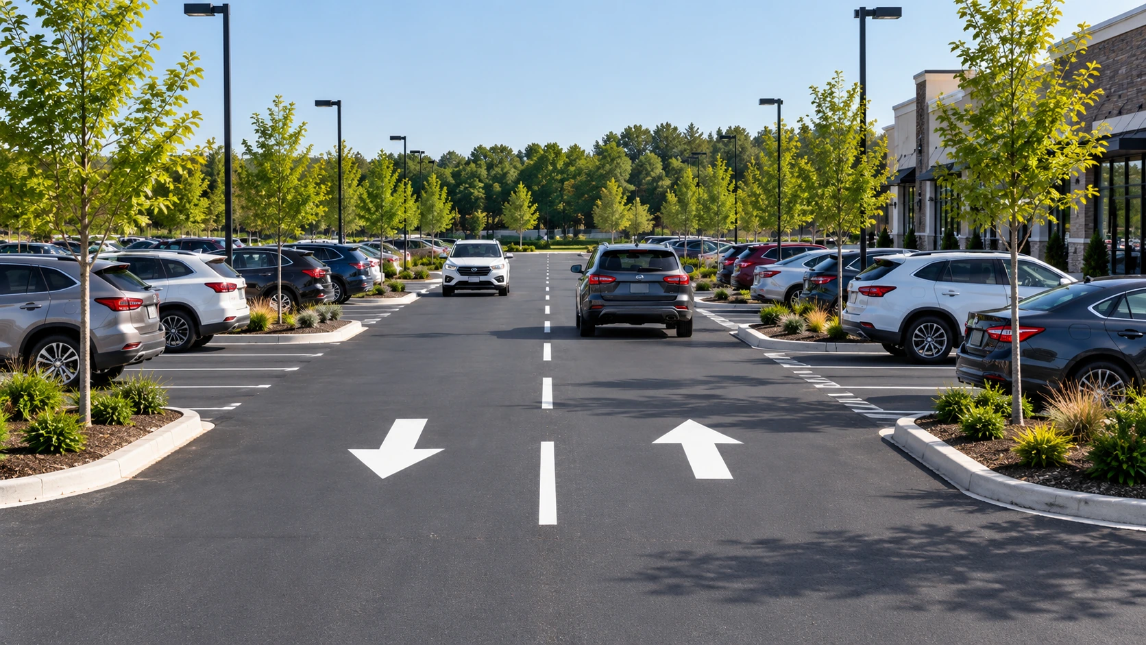 Commercial parking lot drive aisle with directional arrows and vehicles moving between parking rows