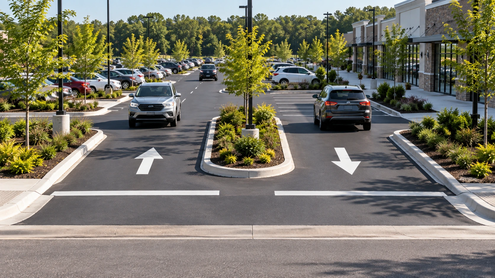 Commercial parking lot entrance and exit with directional arrows and separated traffic lanes