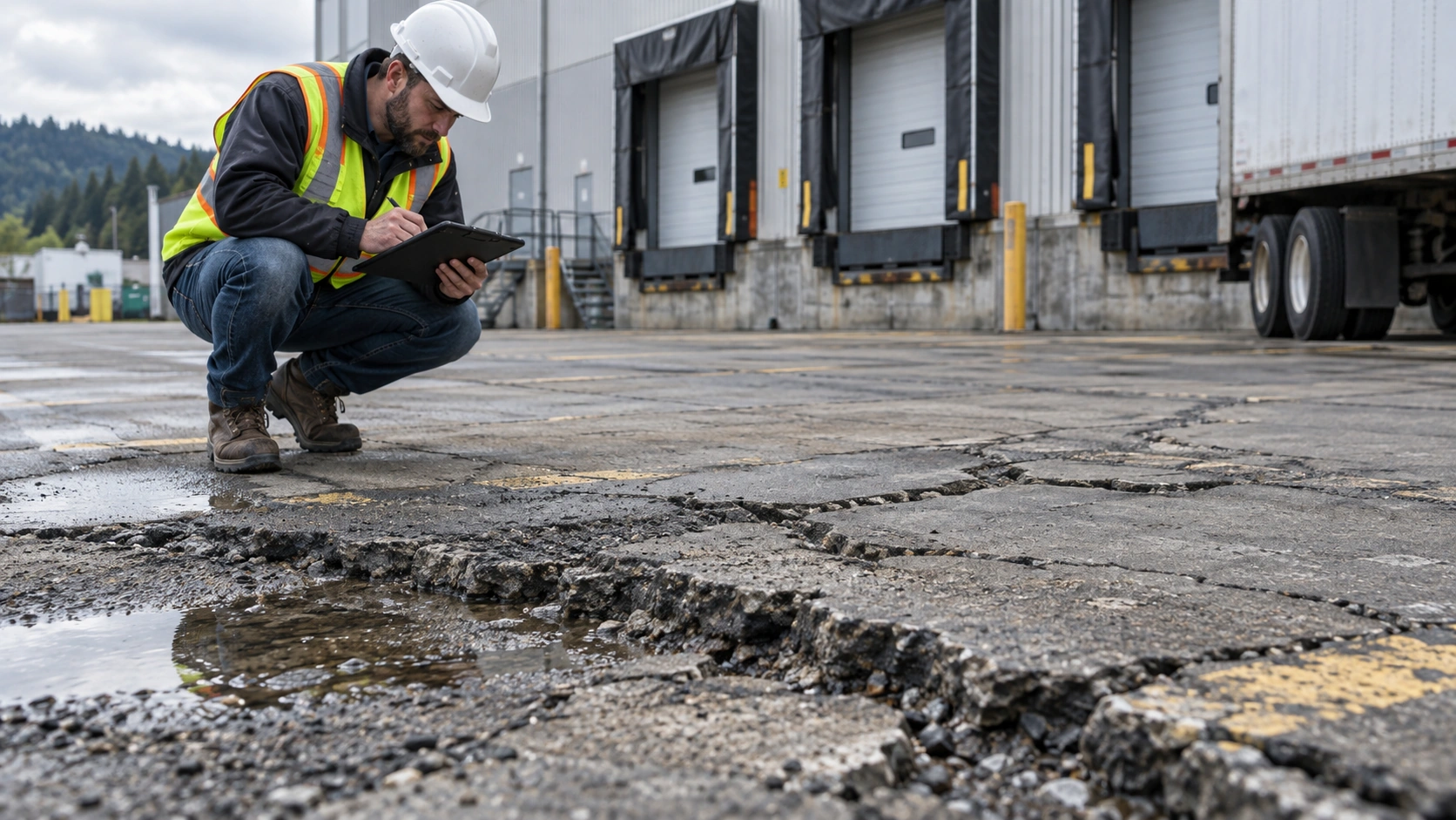 Inspector examining cracked and uneven asphalt in a warehouse loading zone