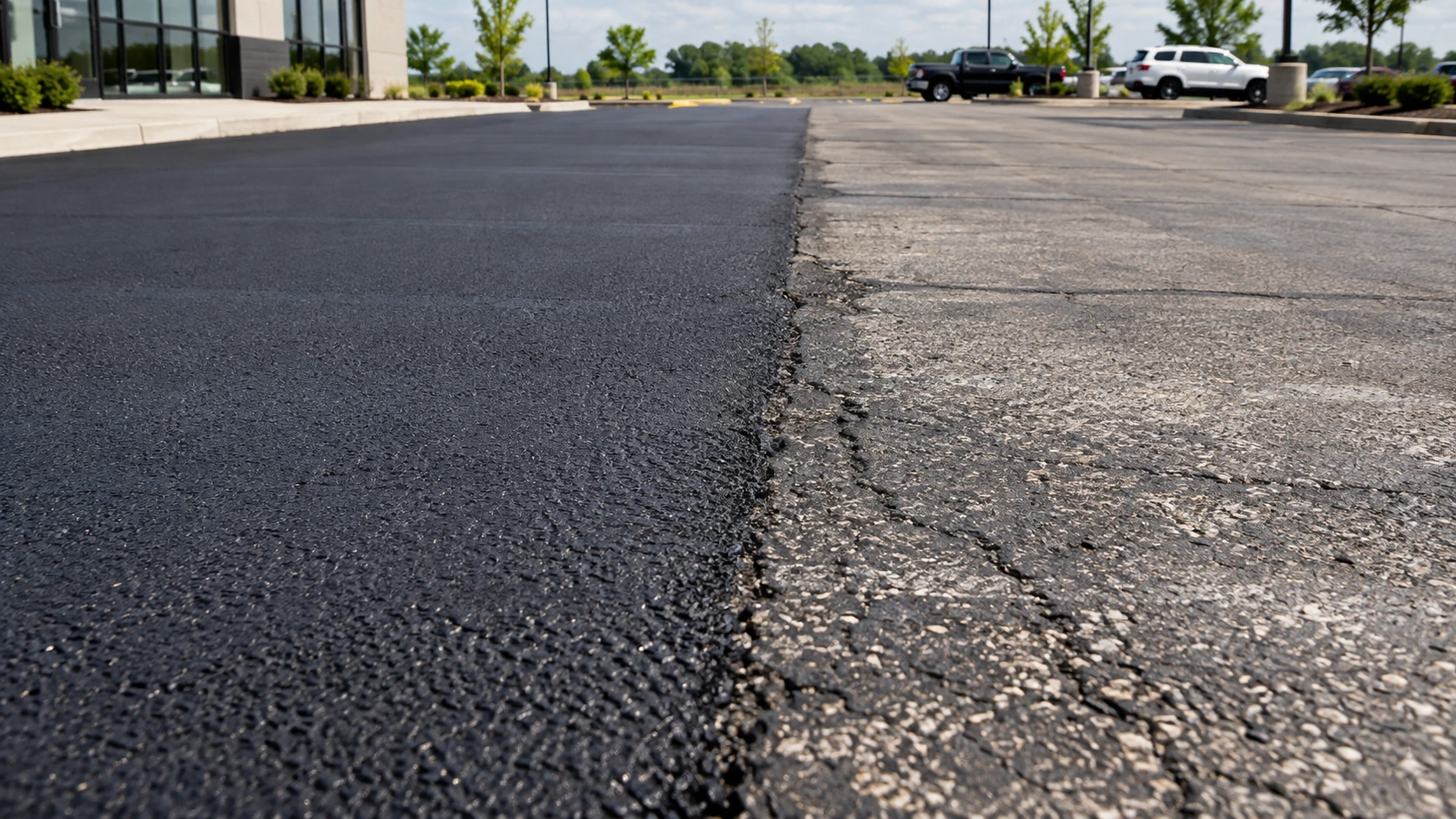 New asphalt pavement connected to an older parking lot surface