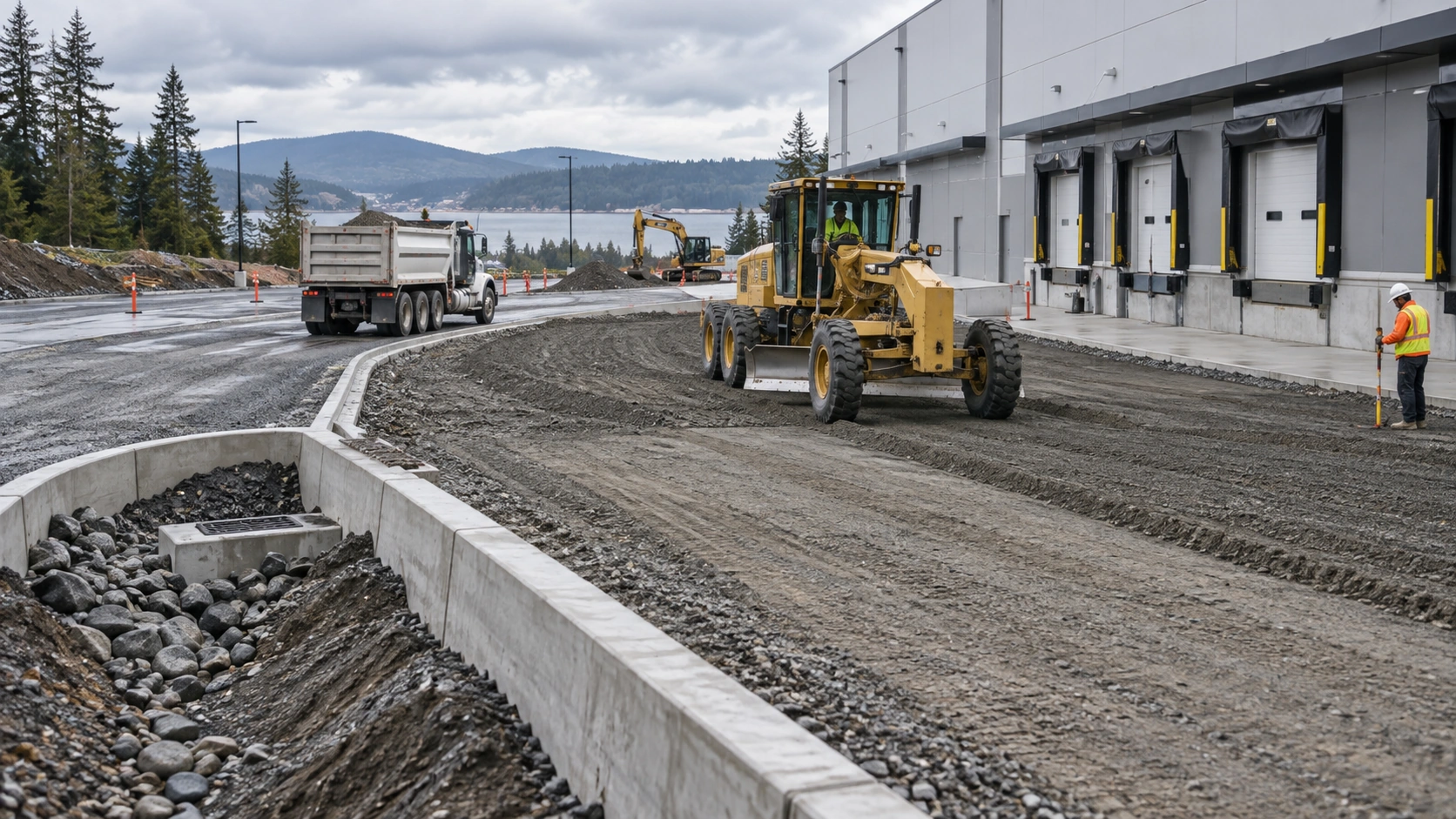 Grading equipment shaping a warehouse loading area with drainage features and truck access lanes