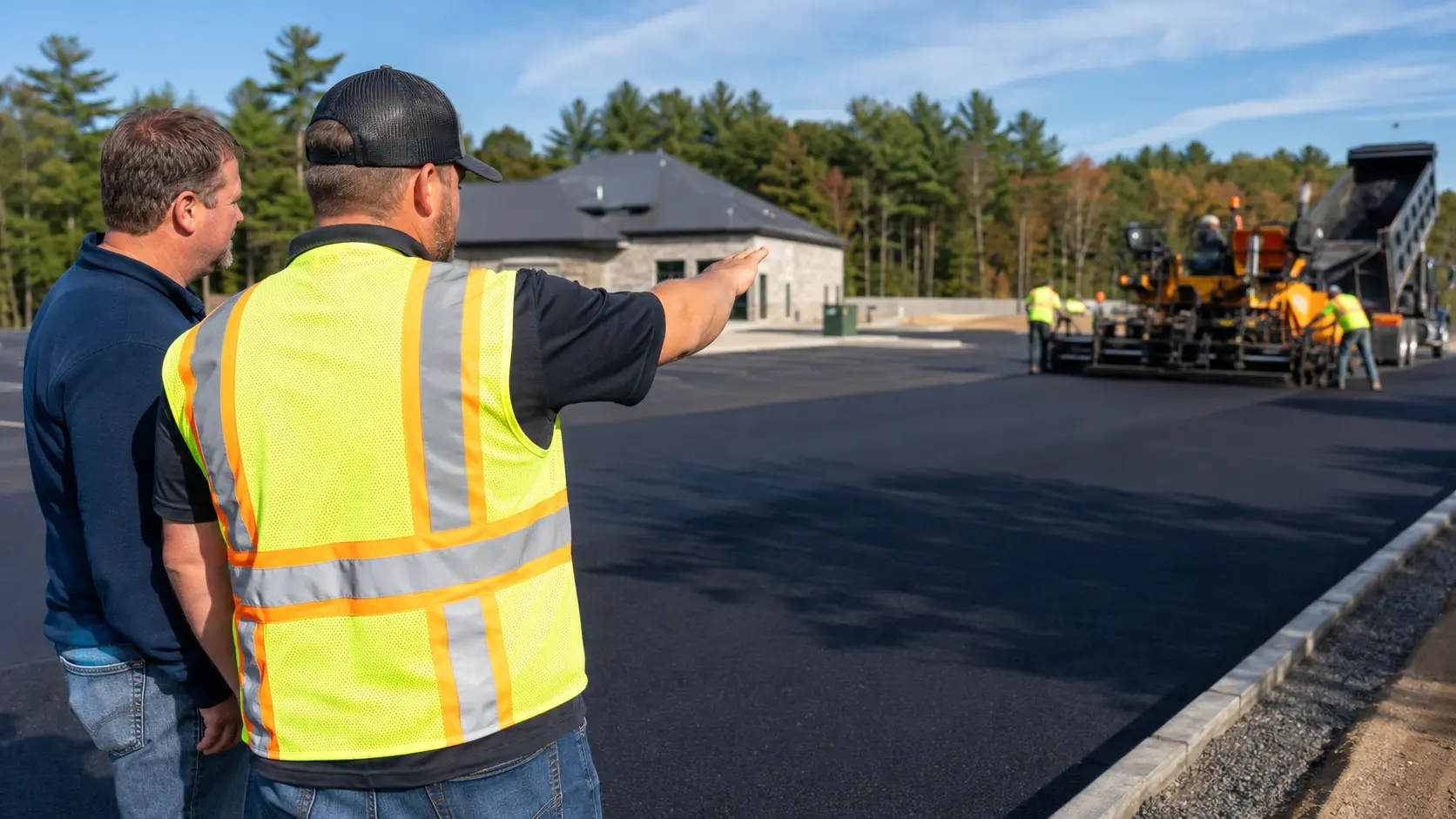 Asphalt contractor discussing a paving project with a property owner