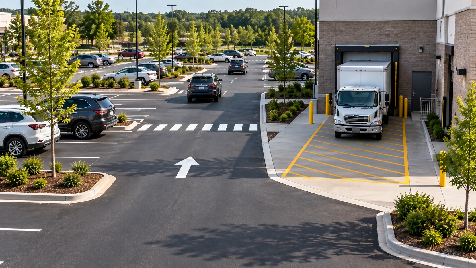 Delivery truck positioned in a designated loading zone beside a commercial parking lot
