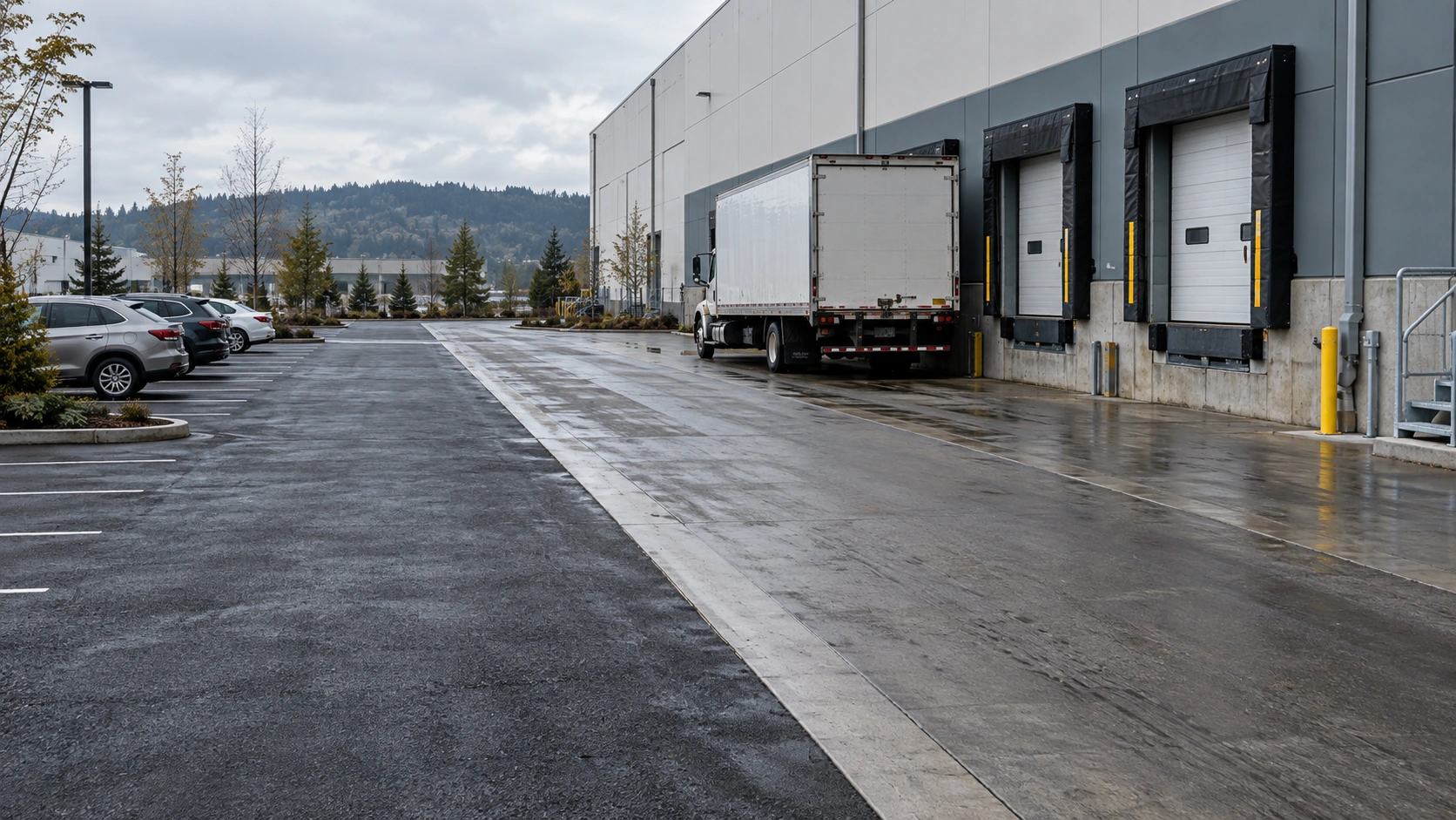 Warehouse loading bay with separate truck lane and adjacent parking area on wet pavement