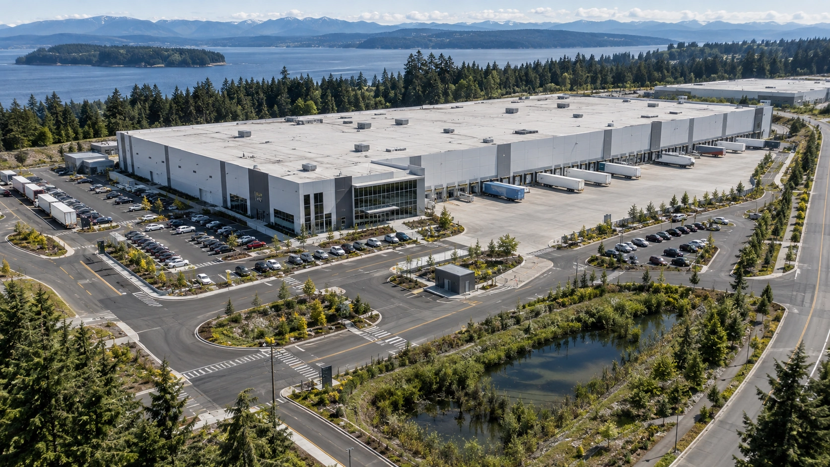 Large aerial view of an industrial property with loading areas, parking, roads, and stormwater pond