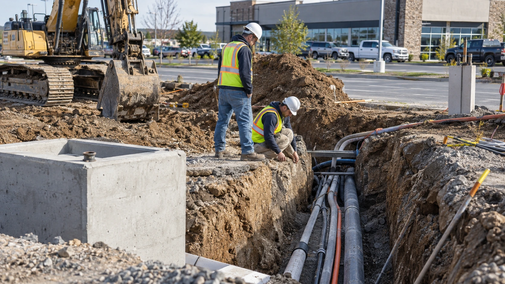 Construction workers inspecting underground utilities during commercial site development