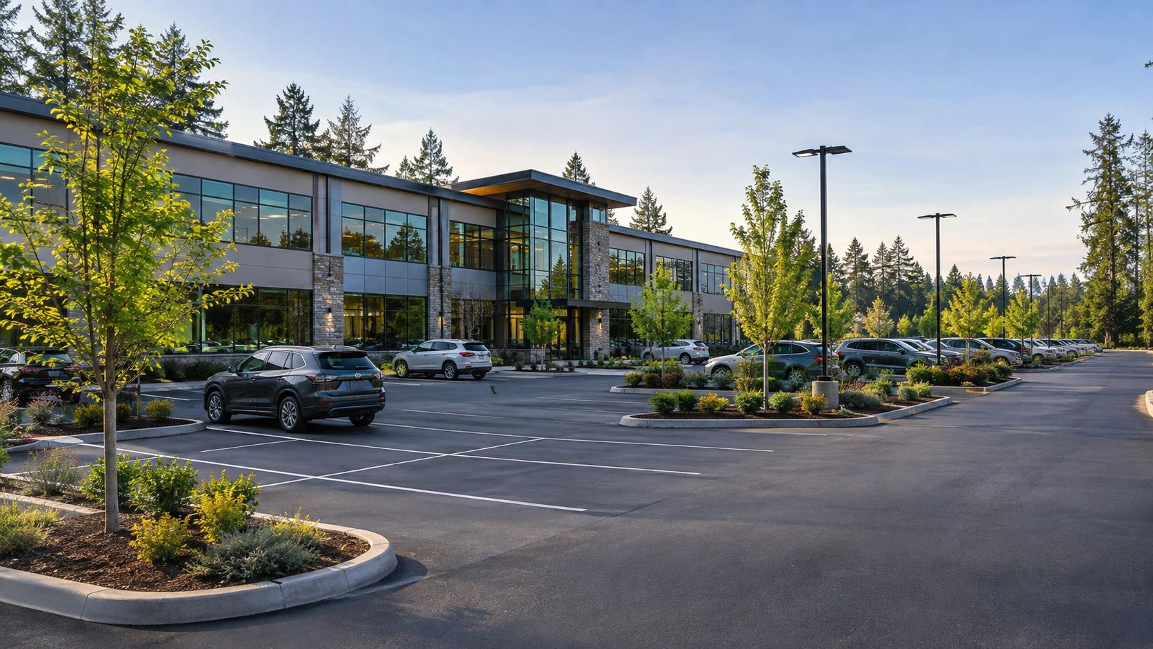 Finished commercial parking lot expansion integrated with an existing office property