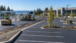 Commercial parking lot under construction with paving crew, roller, fresh asphalt, and completed parking spaces at a modern property