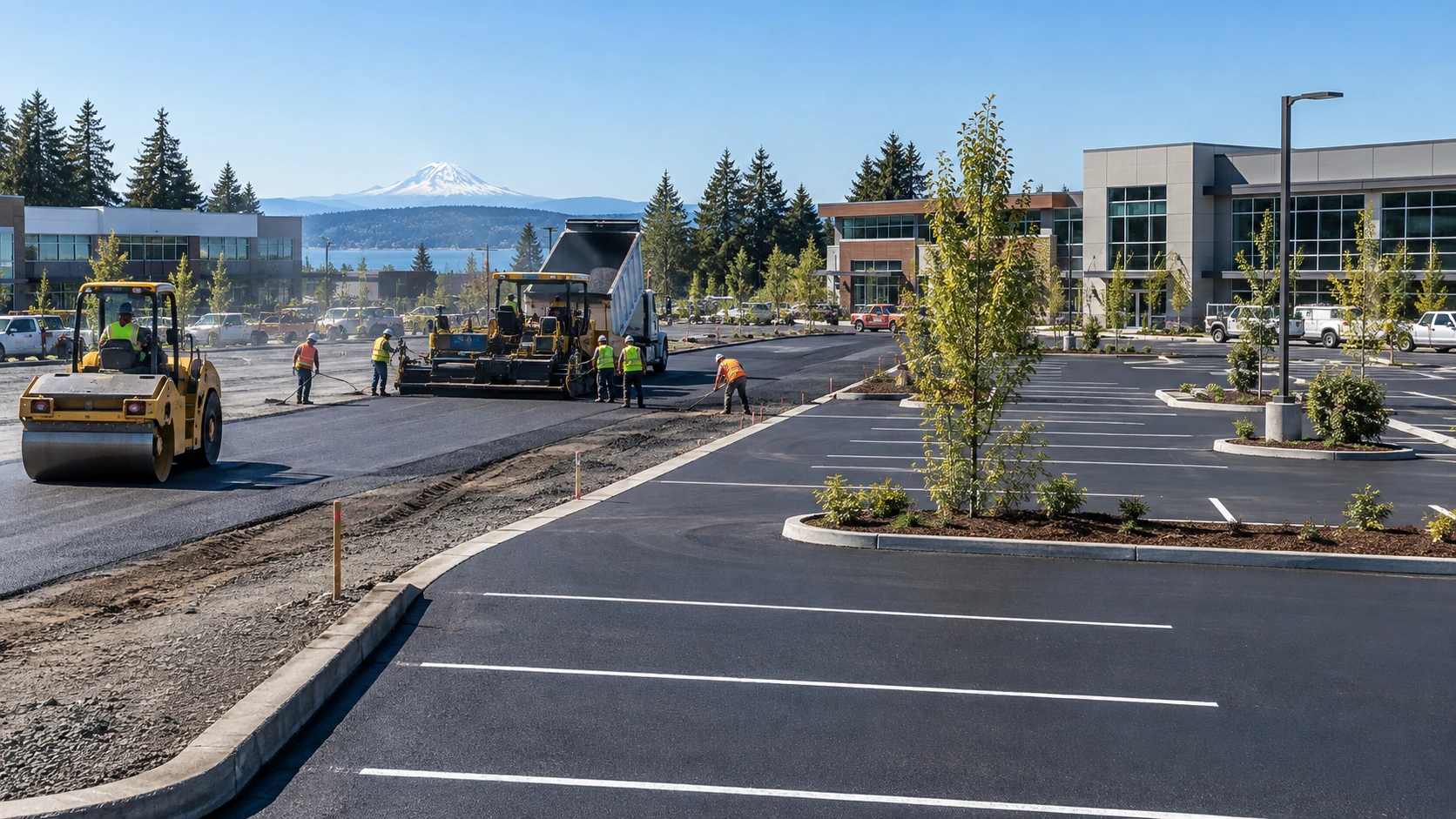 Commercial parking lot under construction with paving crew, roller, fresh asphalt, and completed parking spaces at a modern property