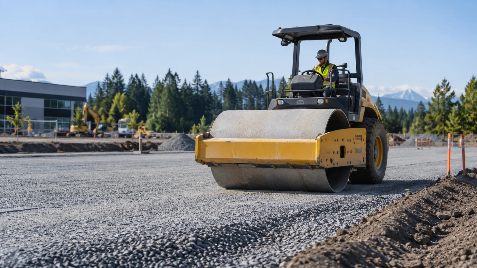 Road roller compacting aggregate base material for a new commercial parking lot