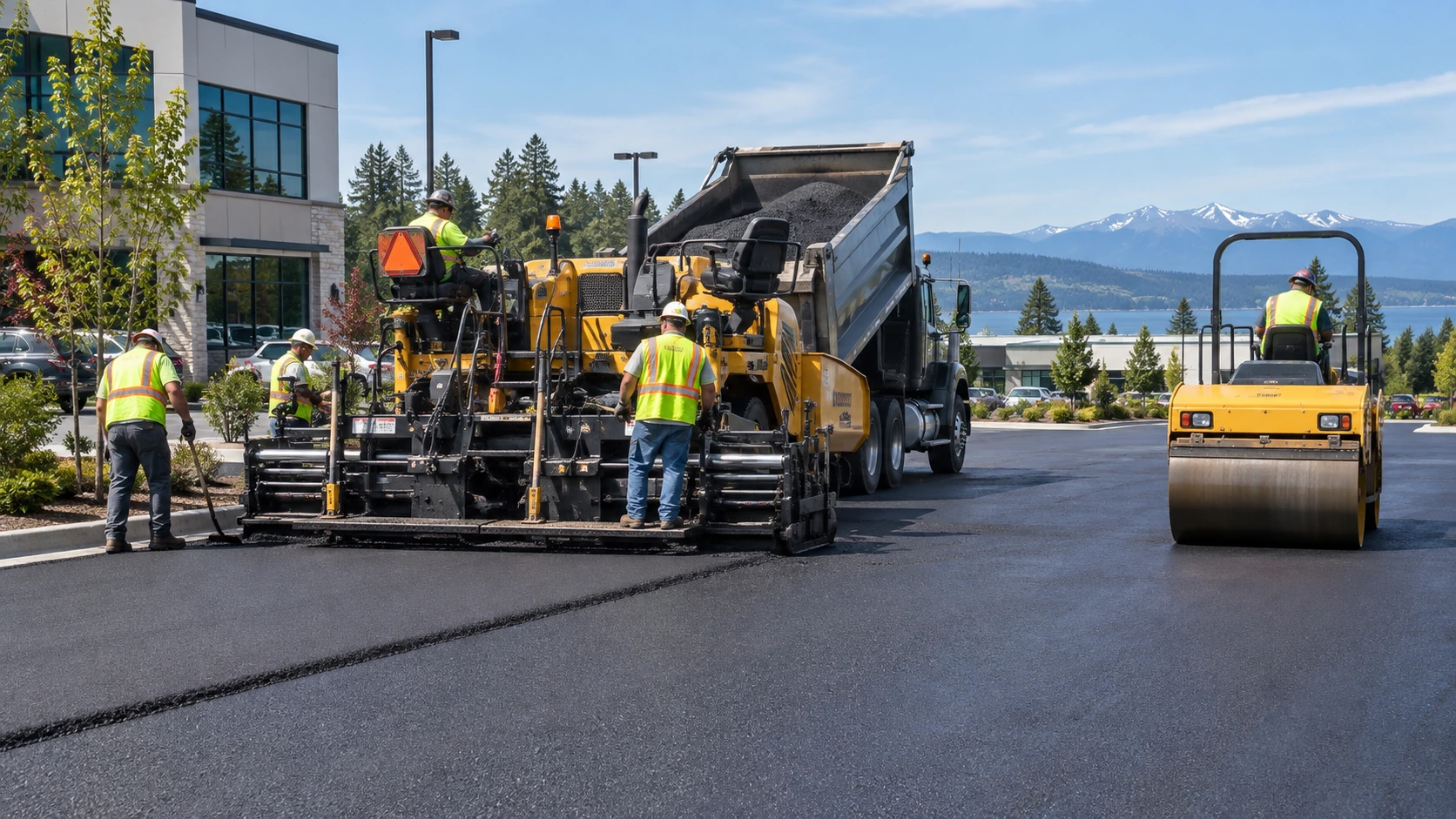 Asphalt paving crew installing fresh asphalt across a commercial parking lot