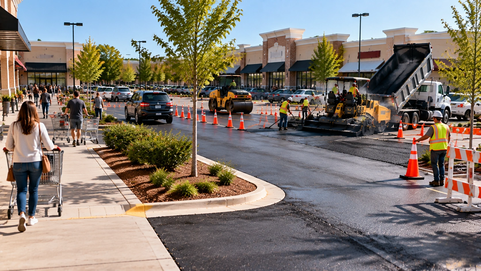 Customers navigating safely around an active parking lot construction area