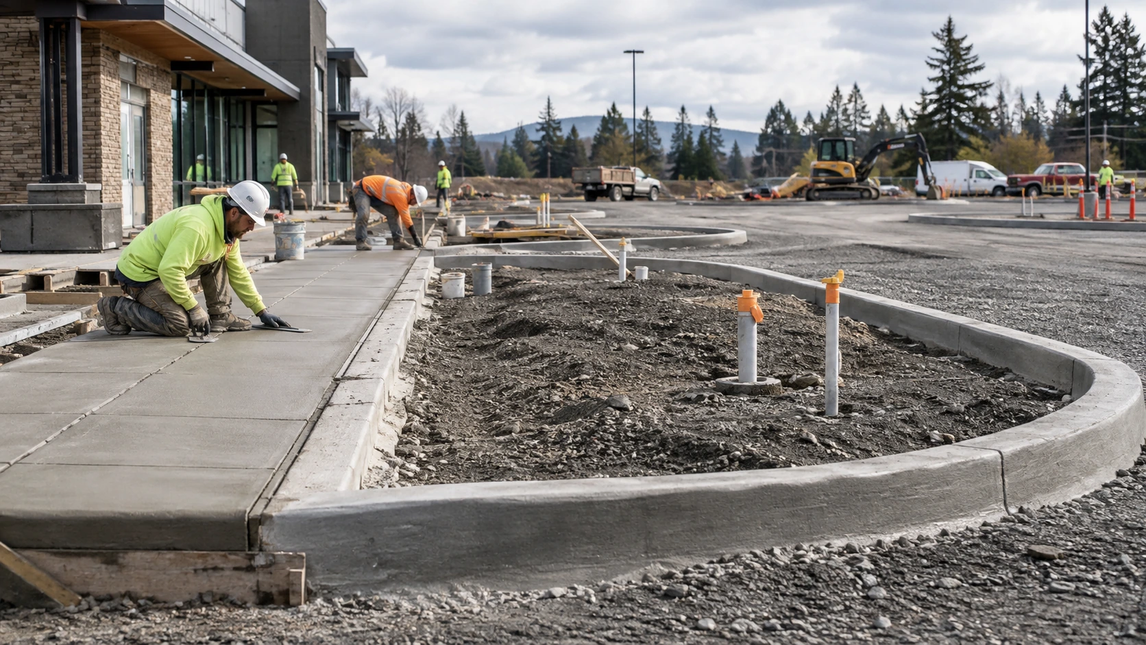 Concrete crew installing new curbs and sidewalks beside a commercial parking lot