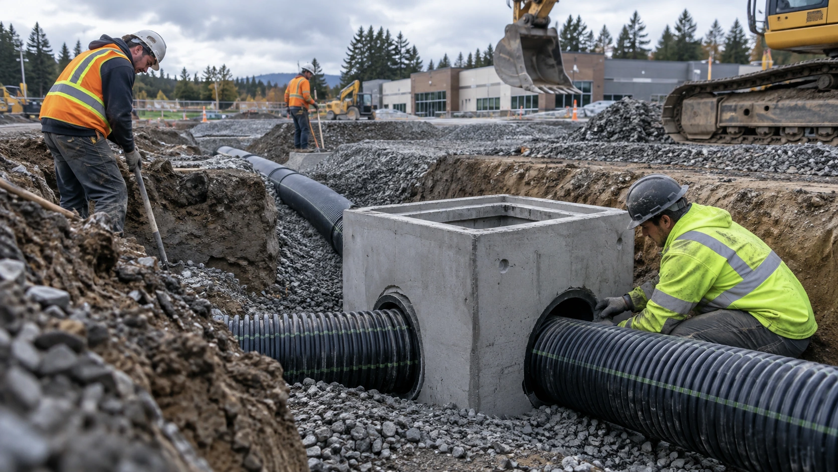 Construction crew installing underground drainage pipes and a catch basin beneath a new parking lot